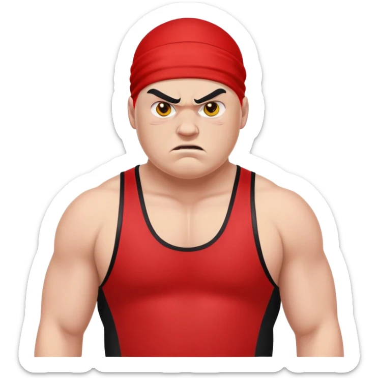 Close-up of white skin fat guy with young face, no muscle with prominent black durag, completely shaved face, no beard or mustache, black eyes in a red and black wrestling singlet with angry face sticker