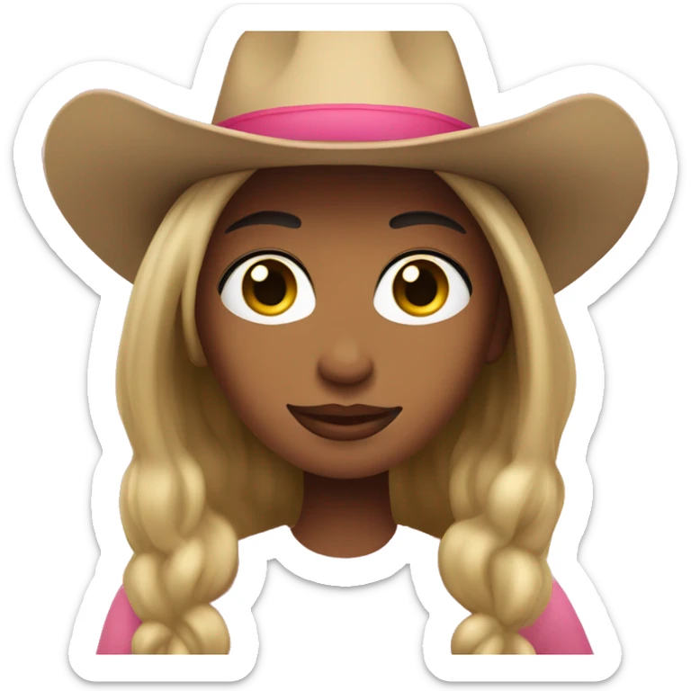 face of light skin, black hair woman with a pink cowboy hat sticker
