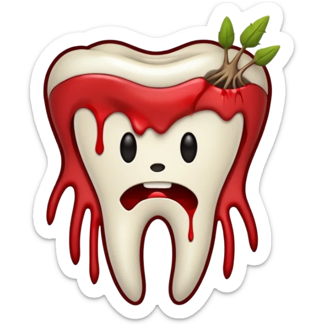 Minimalist emoji-style sticker of a pulled tooth with roots and a smear of blood at the base. Black and desaturated red colors. Flat, clean outline on white.
 sticker