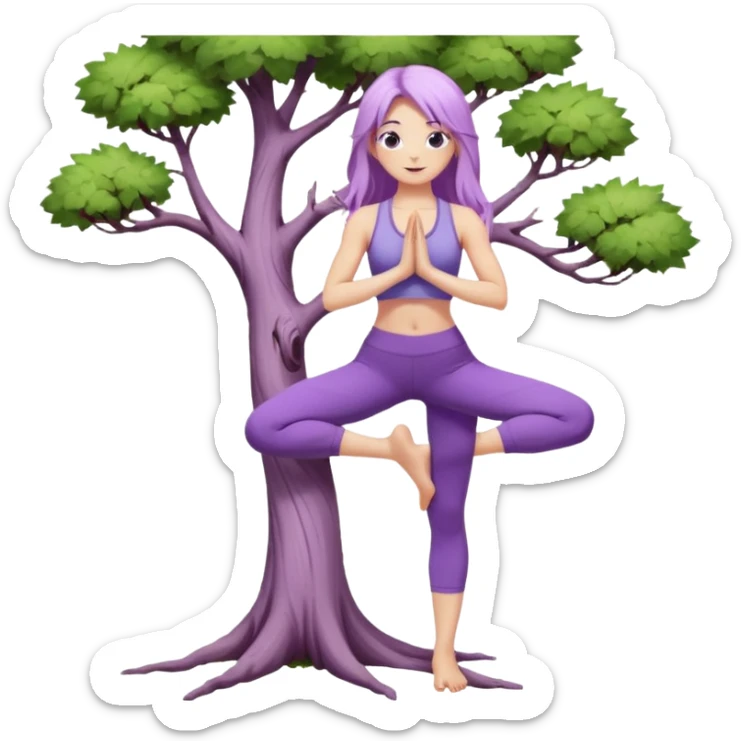 Девушка белокожая, с длинными светло-фиолетовыми волосами, в одежде для йоги, стоит в позе дерева, в стиле бимбо пилатес, две руки, две ноги sticker