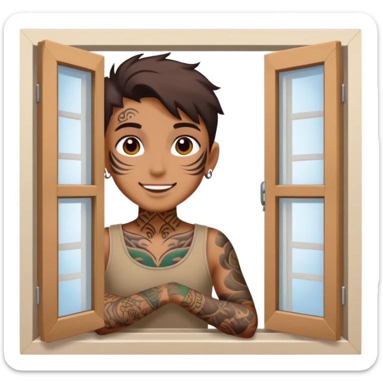 person with face tattoo looking out of window and he is opening shatters happy sticker