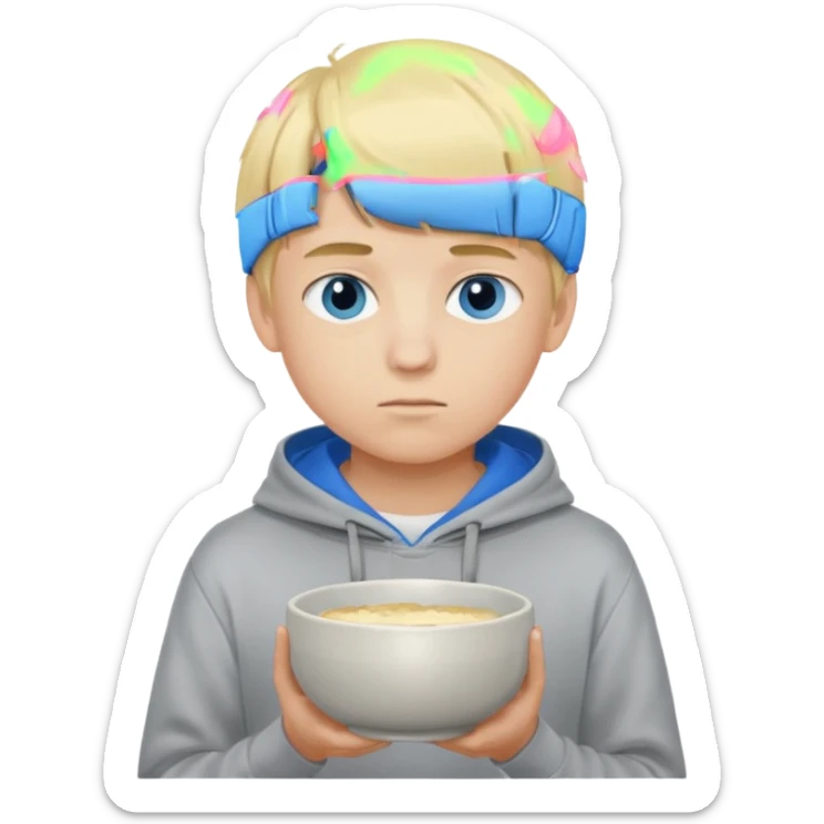 Teen boy with blue eyes and Grey hoodie standing up with blond short bowl cut sticker