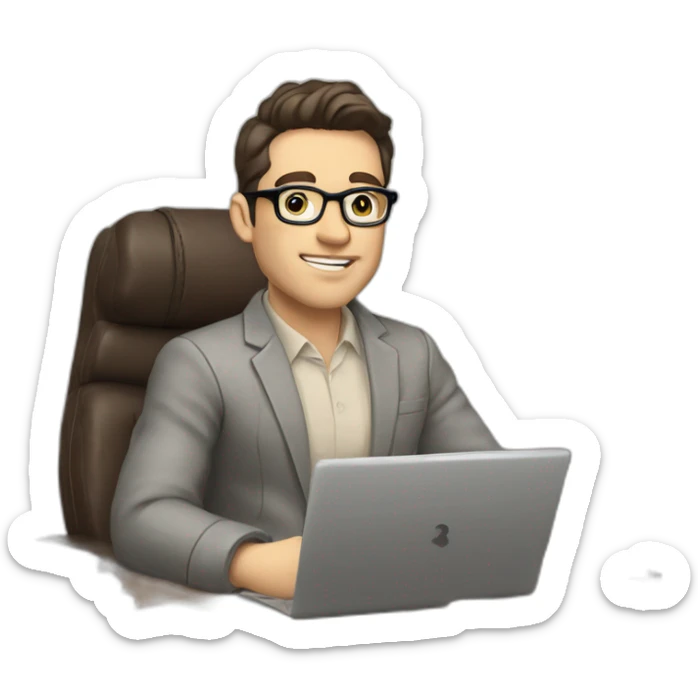 Pale skinned Fit Man With dark brown hair in gray jacket with emblem Ψ, beige office shirt and vintage glasses sitting In a soft chair with a notebook and a pen in his hands sticker