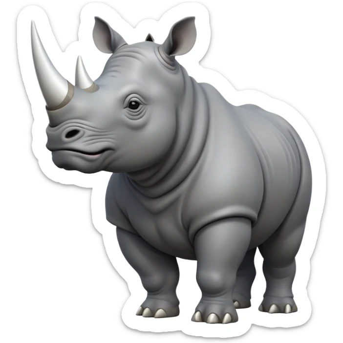 cinematic-rhino-full-body-standing-emoji,white horn, slate grey skin -massive-body-poised-powerfully,-thick-horn-curving-slightly-forward,-head-tilted-dramatically,-rough-grey-hide-covered-in-dust,-simplified-focused-features, sticker