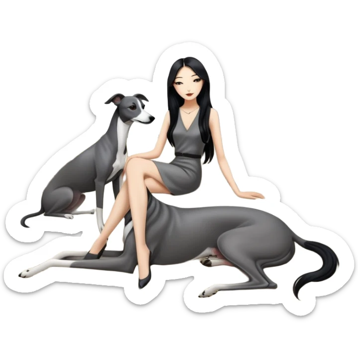 Very thin Chinese woman with long black hair relaxing in a luxurious hotel suite with exactly ONE whippet dog. EXTREME IMPORTANCE: the whippet must be ONE SOLID VERY DARK CHARCOAL GREY COLOR from nose to tail with ABSOLUTELY NO WHITE MARKINGS anywhere - NO white on face, NO white on muzzle, NO white on chest, NO white on paws, NO white on tail - NOTHING BUT A SINGLE SHADE OF VERY DARK GREY throughout the entire animal sticker