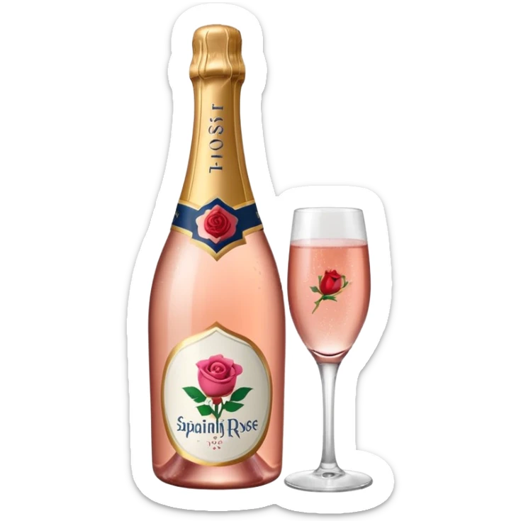 bottle of sparkling rose champagne tilted up and to the right, with a rose logo, no glass sticker