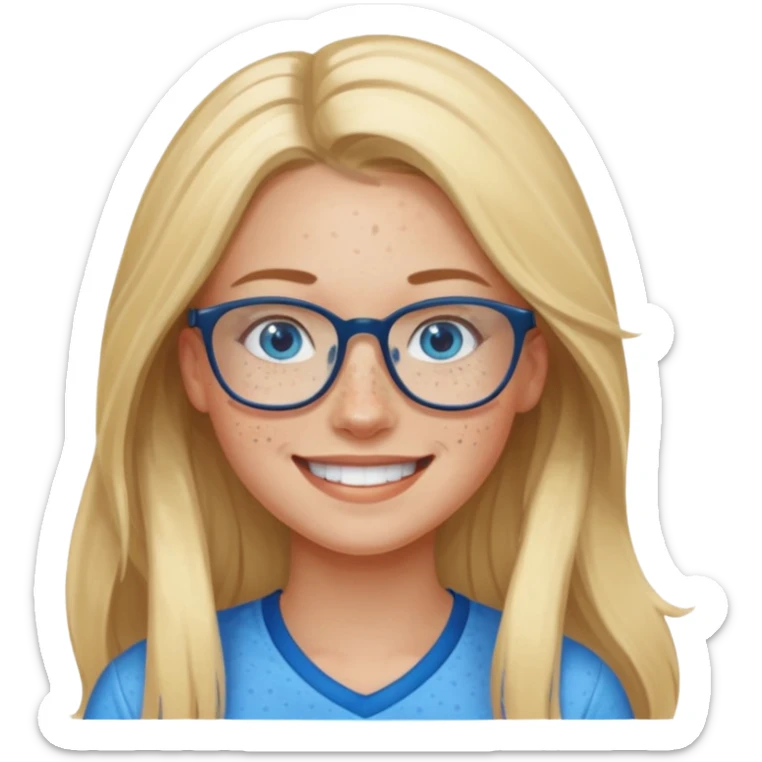 Athletic Blonde girl with long hair, blue eyes and fair skin and freckles in glasses smiling  sticker