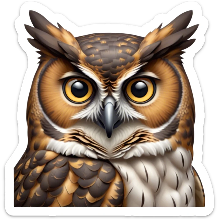 Cinematic Noble Great Horned Owl Portrait Emoji, Poised and regal, with a commanding, broad build and a richly mottled plumage of grays, whites, and subtle browns, deep-set soulful golden eyes, Simplified yet sharp and sophisticated features, highly detailed, glowing with a soft, dignified glow, high shine, intelligent and enigmatic, stylized with an air of nocturnal majesty, focused and attentive, soft glowing outline, capturing the essence of a watchful and confident raptor, so majestic it feels as though it could silently swoop out of the screen with effortless authority! sticker