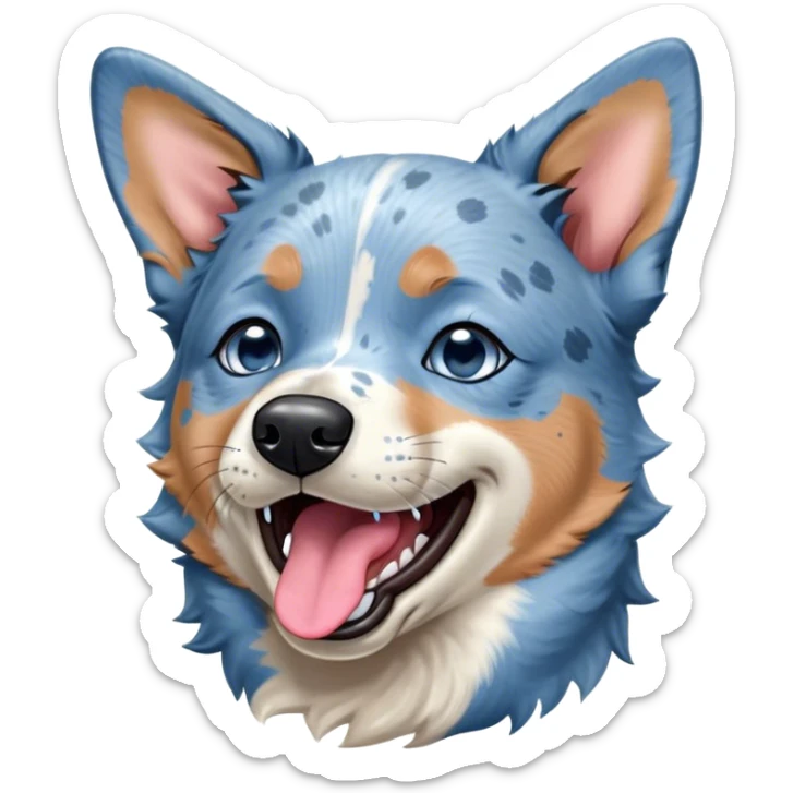 Cinematic Cute Yawning Blue Speckle Australian Cattle Dog Portrait Emoji, Head tilted slightly with a dramatic, wide-open yawn, showcasing a sleek blue speckle Fur with distinct markings, floppy ears slightly drooping, round blue eyes barely open in drowsy contentment, Simplified yet irresistibly adorable features, highly detailed, glowing with a soft, cozy glow, high shine, relaxed yet expressive, stylized with a touch of whimsy, bright and endearing, soft glowing outline, capturing the essence of a sleepy yet affectionate herder, so drowsy it feels like it could stretch out of the screen and curl up for a nap! sticker