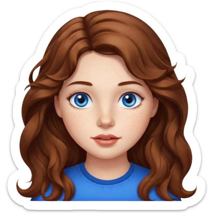 girl with long wave brown hair, blue eyes, plump lips and freckles  sticker