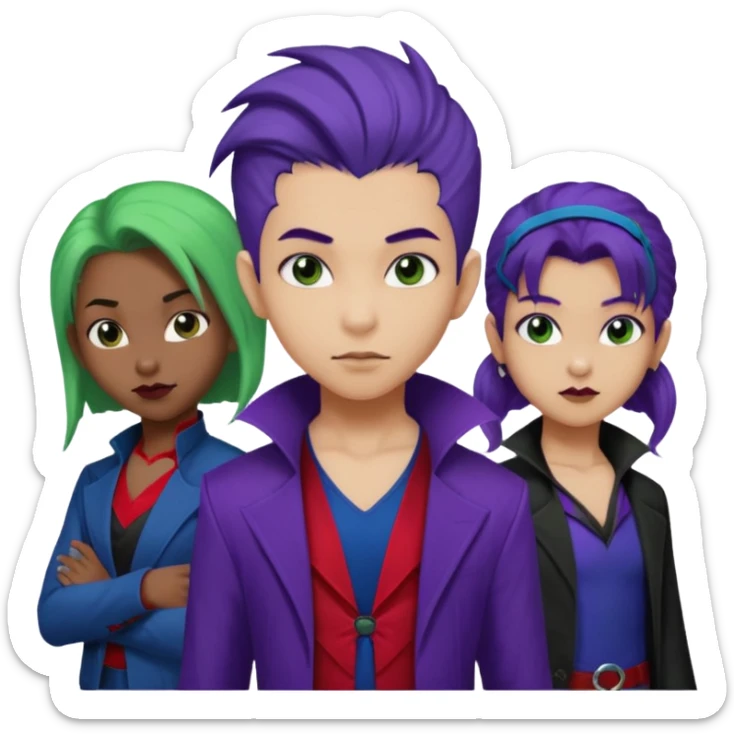 Solo poly platonic relationship, one African girl, one Asian boy, one biracial features Asian tomboy girl rat-tail hair long and upper masculine hair 90s, vampire and marvel cosplay elements inspired  use marvel colours, like instead of obvious human, green purple blue etc,  sticker