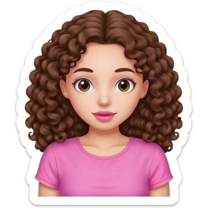 crée moi une jeune fille très belle avec les cheveux bouclés long brune avec un top rose bonbon  sticker