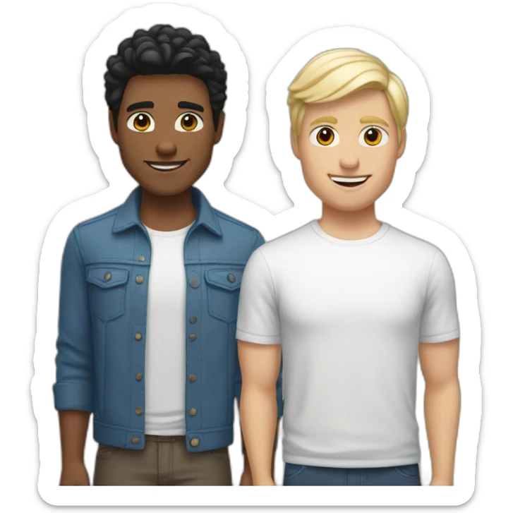 Gay couple, one guy Alaskan native black hair brown eyes, 1 guy white blonde hair blue eyes sticker