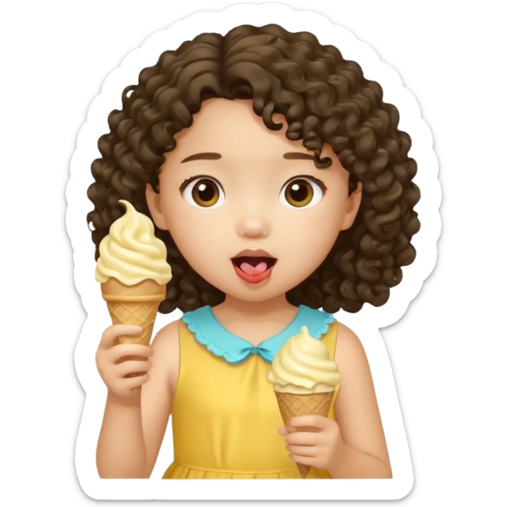 a little asian girl kid with curly hair, yellow dress, eat ice cream sticker