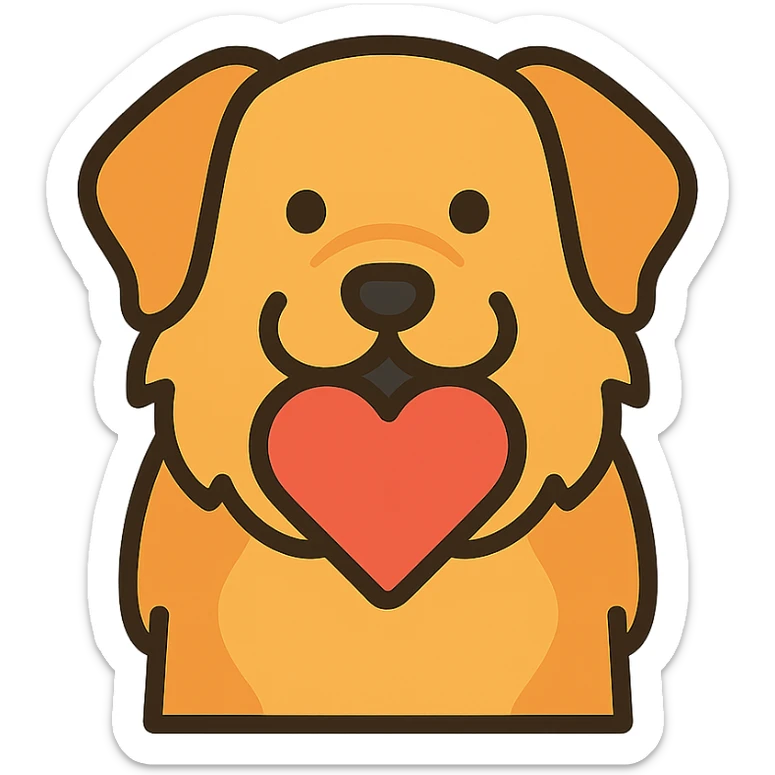 stylized icon of Golden Retriever and Chow Chow mix dog with a heart in its mouth, minimal lines, soft color palette, modern look sticker