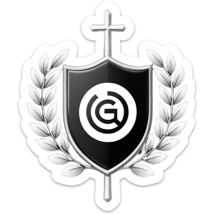 Es un escudo con forma clásica de heráldica, dividido en cinco franjas verticales alternadas en negro y blanco. En la parte superior tiene las siglas “GYE” y en la parte inferior el año “1908”. El diseño es simple, simétrico y con colores tradicionales blanco y negro. sticker