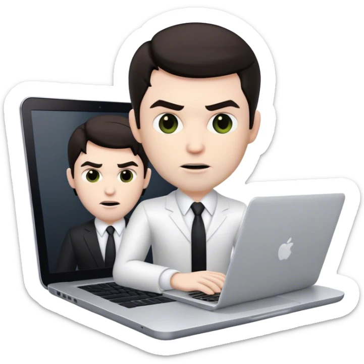 memoji of a white male realtor with a laptop in front, modern, dark hair, evil sticker