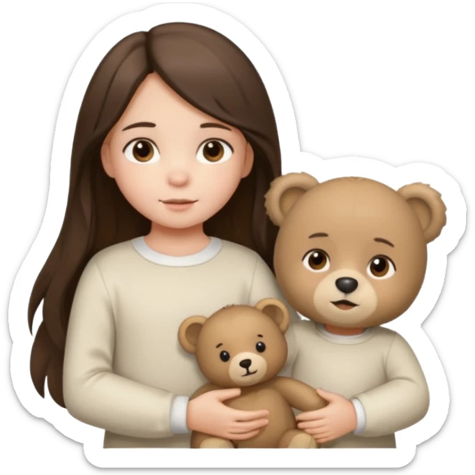 Brunette little girl, long hair, white long sleeve, with beige bear sticker