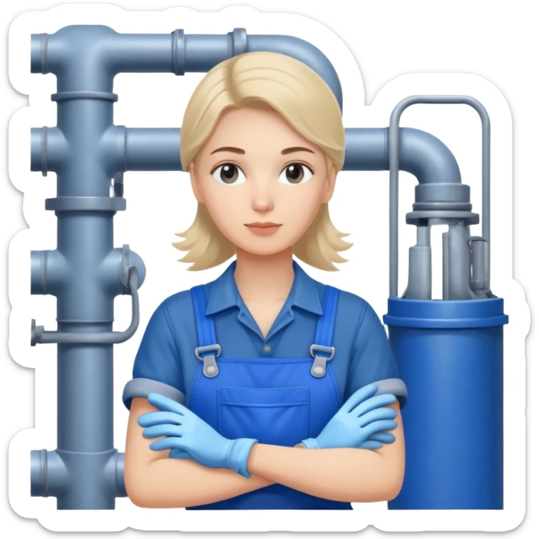 Russian factory worker gender neutral in blue overalls with gloves industrial background sticker