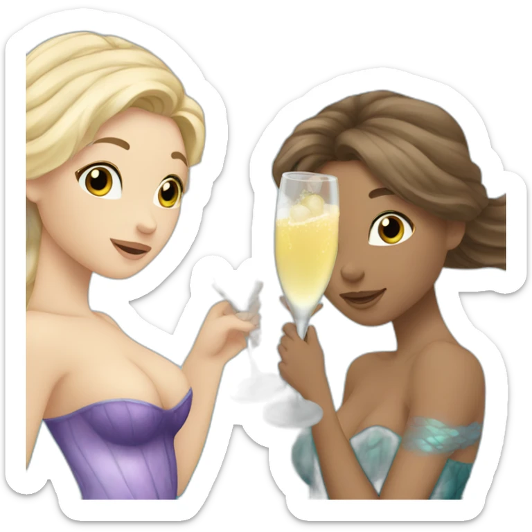 3 mermaids (two brown hair with brown eyes and blond one with blue eyes) drinking champagne sticker