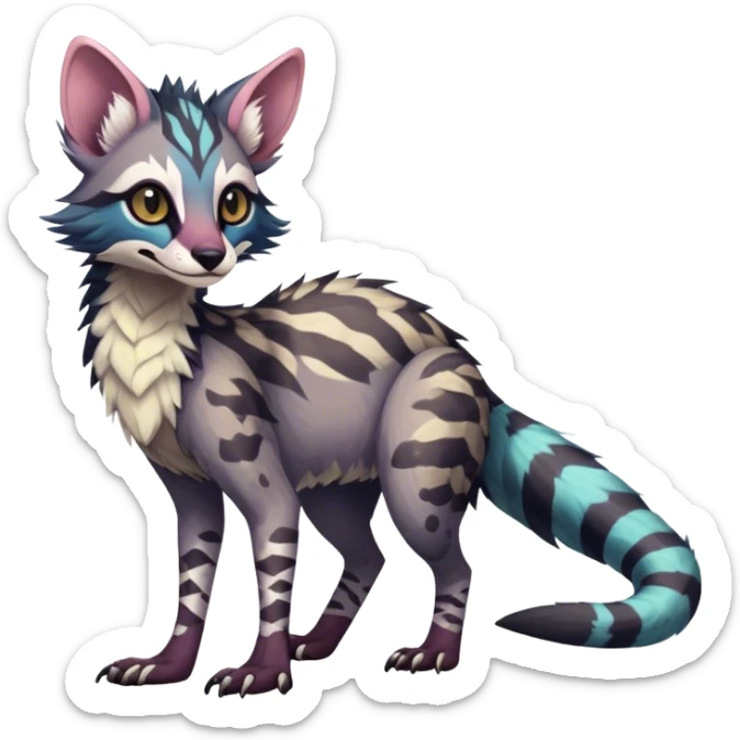 Feral Rare Fantasy dark colorful pastel vibrant tropical Vernid-Sergal-Genet-Trico-species by LiLaiRa, random markings, tufted tail, tufted ears, full body sticker