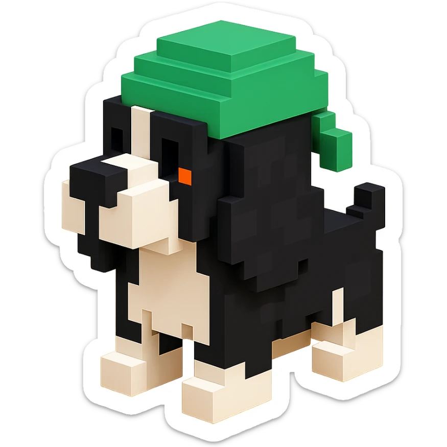 A black and white Russian Cocker Spaniel puppy wearing a green durag, facing left sticker