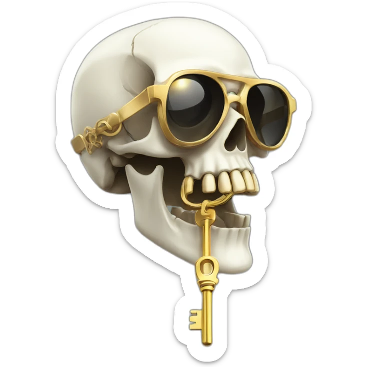 skull with a golden old key in his mouth with futuristic eyeglasses sticker