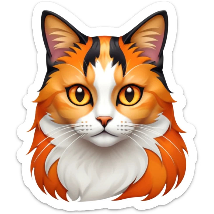 cinematic-noble-calico-cat-portrait-emoji,-poised-and-regal,-with-a-striking-patchwork-fur-in-vibrant-orange,-black,-and-white-hues premoninantly black,-delicate-whiskers-and-a-refined,-relaxed-gaze,-simplified-yet-exquisitely-detailed,-glowing sticker