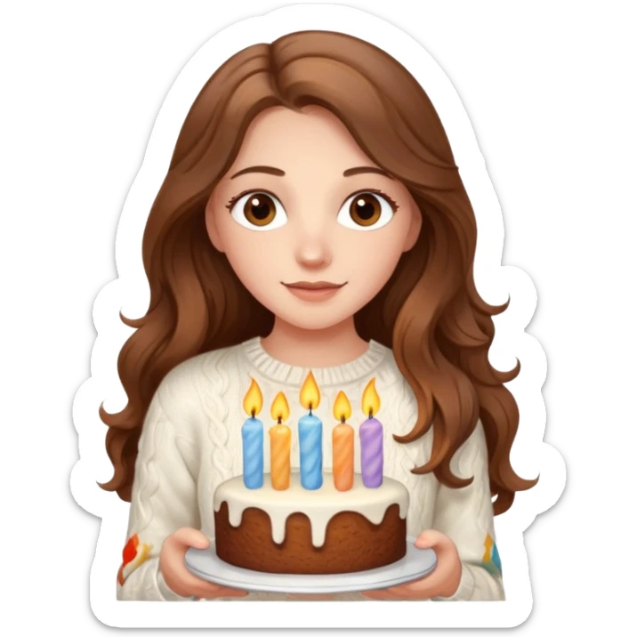 A pretty white girl with hazel brown eyes and long brown wavy hair in a cosy white knit sweater, she is celebrating her birthday sticker