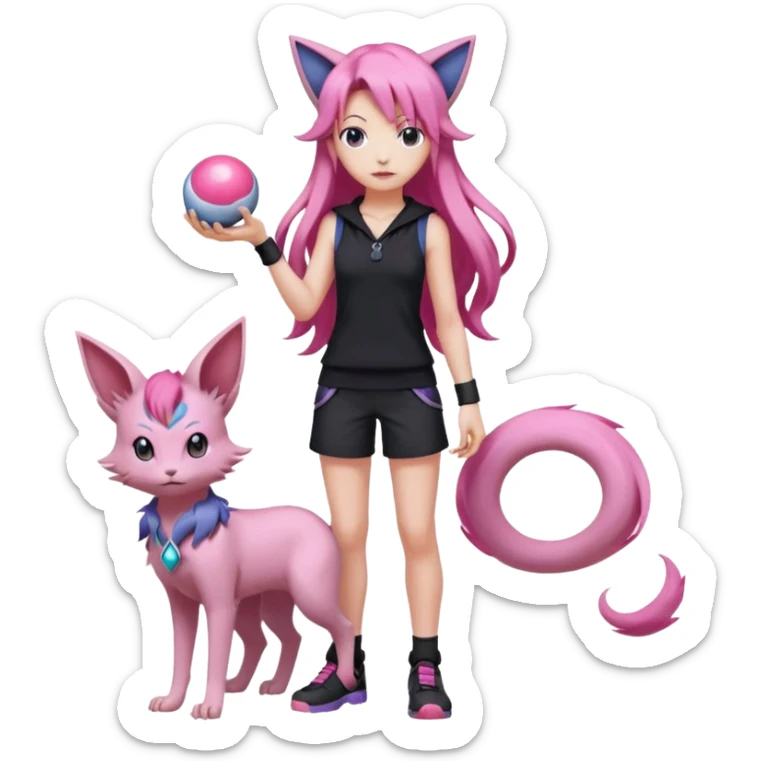 Female pokemon trainer, with long pink hair and wearing black. She’s standing confidently holding a pokeball and espeon by her feet  sticker