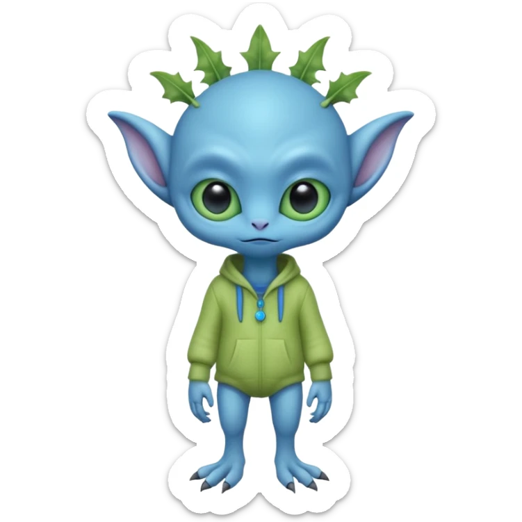 full body cute roughly humanoid peacefull alien furry with 2 legs and eye stalks stands upright and looks intelligent ...wears clothing. not green..looks happy and cudly... has 3 eyes...the alien has 3 eyes....it has an extra eye on a stalk on top of head sticker