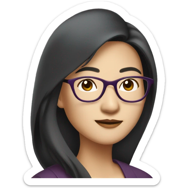 Elegant asian woman in her 40s, wearing rimless spectacles, long hair, slightly plum sticker