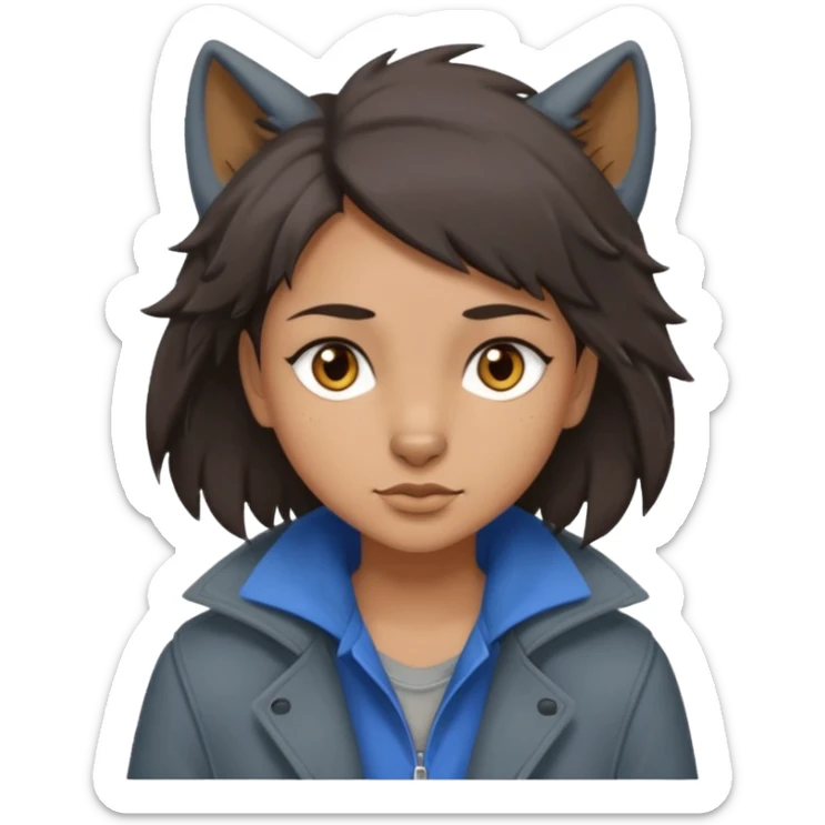 Hobo tomboy with dark brown hair in a wolf cut style, brown eyes, dirty dark grey coat, blue-grey shirt. sticker