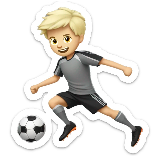 blonde boy in gray soccer uniform and black shorts with gray beard  and hair kicking a soccer ball sticker