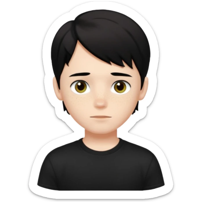 A beautiful boy with black hair and hazel green and brown eyes and white skin , with dark freckles and black t shirt with middle part hair hair with a center part haircut  sticker