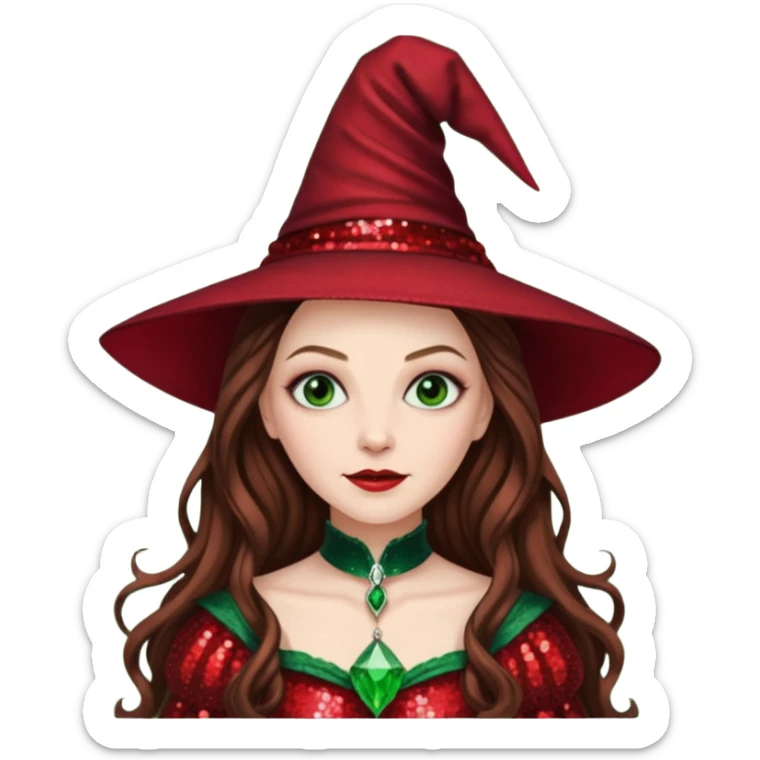 Nessarose, Wicked Witch of the East from The Wizard of Oz with long brown hair, red sequin outfit sticker