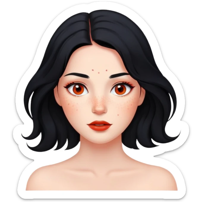 woman with flowing black hair, natural makeup, and prominent red freckles on face sticker