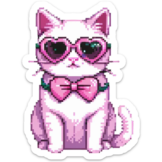cat wearing pink heart sunglasses, pink moustache, and pink bow sticker