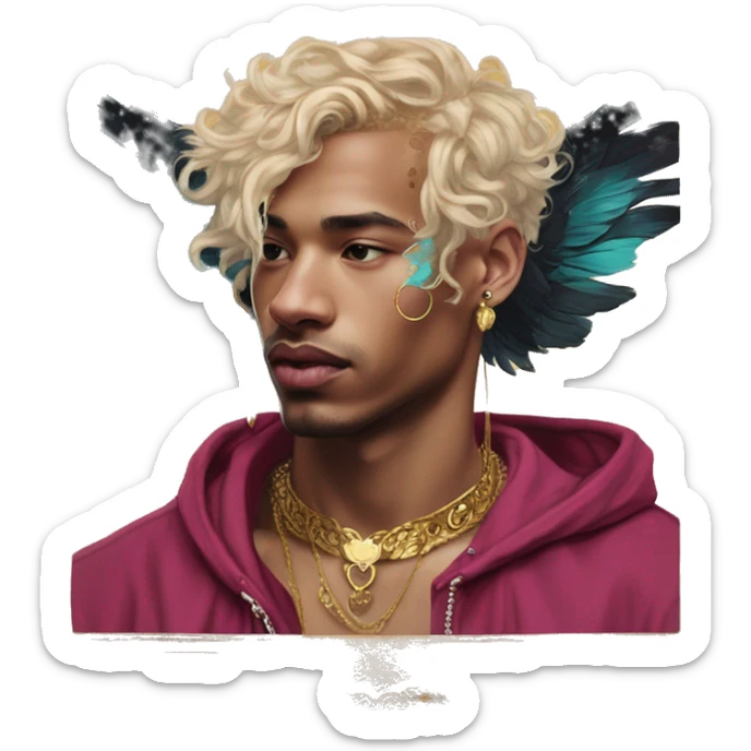 Vintage painting swirls gold jewellery baroque raven wings angel tropical Deep pink maroon burgundy cyan dark hoodie man vitiligo dyed hair gold piercings nose piercing ear piercings sticker