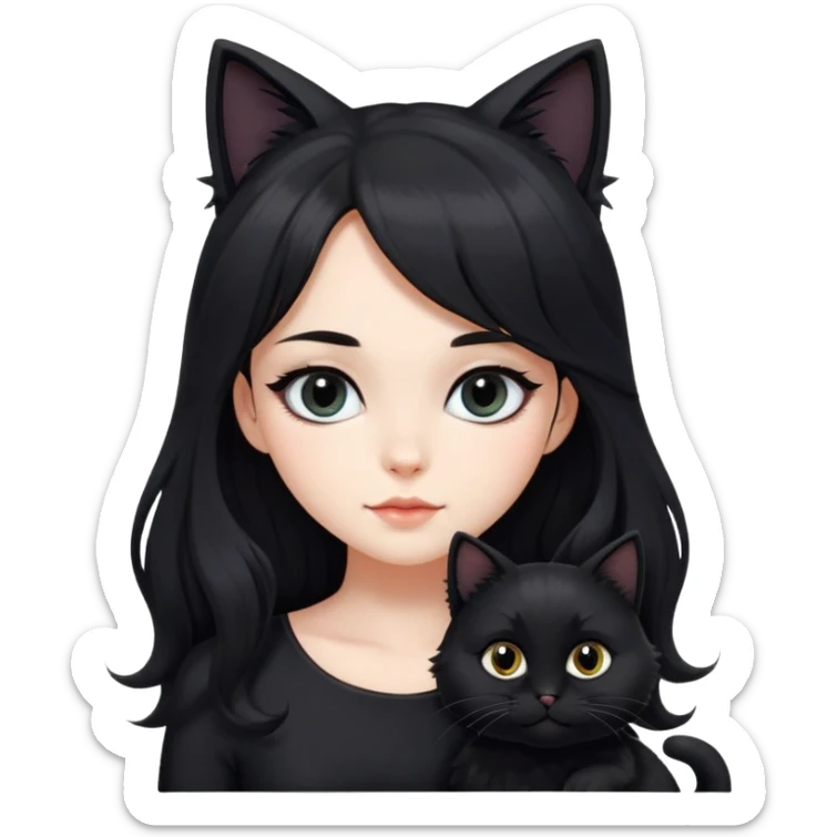 a beautiful girl with long black hair and black furry cat. She is wearing a black dress and has wave-like hair. bigger eyes and the distance between left&right eyes is closer sticker