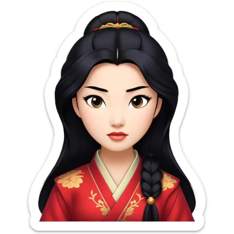 Cinematic Realistic Mulan Portrait, depicted with lifelike skin texture, soft natural lighting, and intricately detailed long black hair styled elegantly. Her deep, expressive eyes exude determination and grace, complemented by a serene yet confident expression. She is dressed in her classic attire, with rich fabric textures and delicate folds that catch the light beautifully. The portrait features a soft, enchanting glow with a natural, radiant finish, capturing the essence of timeless strength and beauty in a realistic and painterly style, evoking a sense of depth and authenticity. sticker