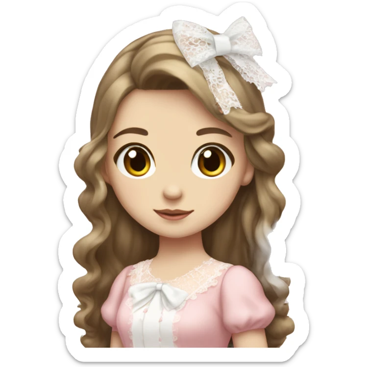 full body, girl standing, pale skin, long brunette hair, wearing lolita pink dress with white lace, wearing a pretty white bow on top of her head sticker