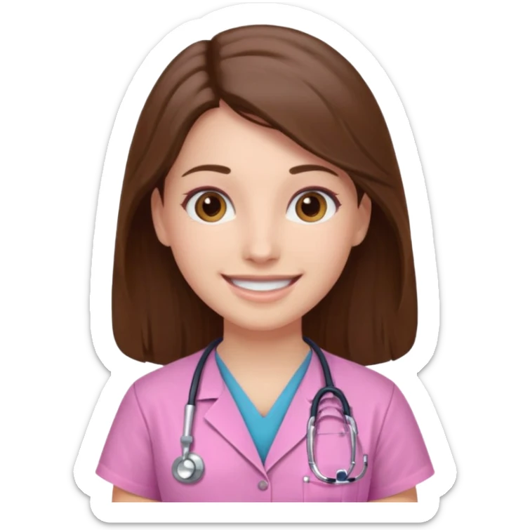 doctor, pink, she, hair brown, eyes brown, scrub baby pink, white skin, long hair, smile  sticker