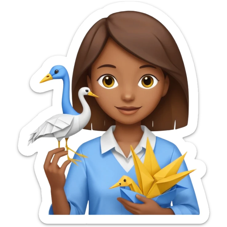 happy-african-young-girl-with-brown-hair-in-a-white-kanga-shirt-holds-an-origami-yellow-and-blue-crane sticker
