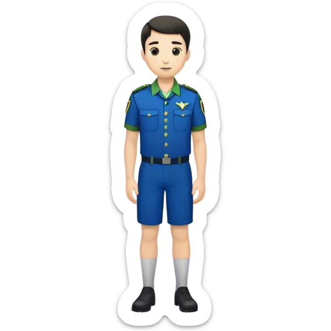 full body white male with dark short hair wearing blue and green uniform sticker