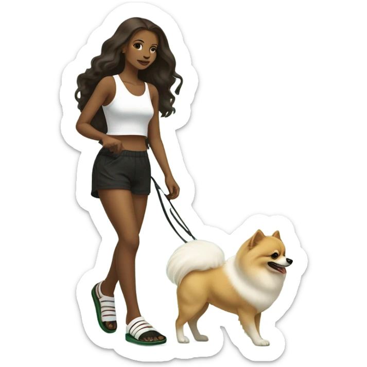 light skin skinny women with brown long hair, worn down, parted to the side, wearing black shorts, white tank, black flip flops, walking only 1 white pomeranian on a green leash sticker