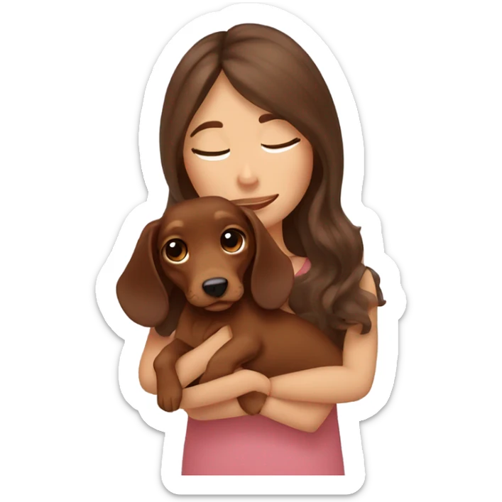 Brown long wavy hair girl cuddling a small brown dachshund sticker