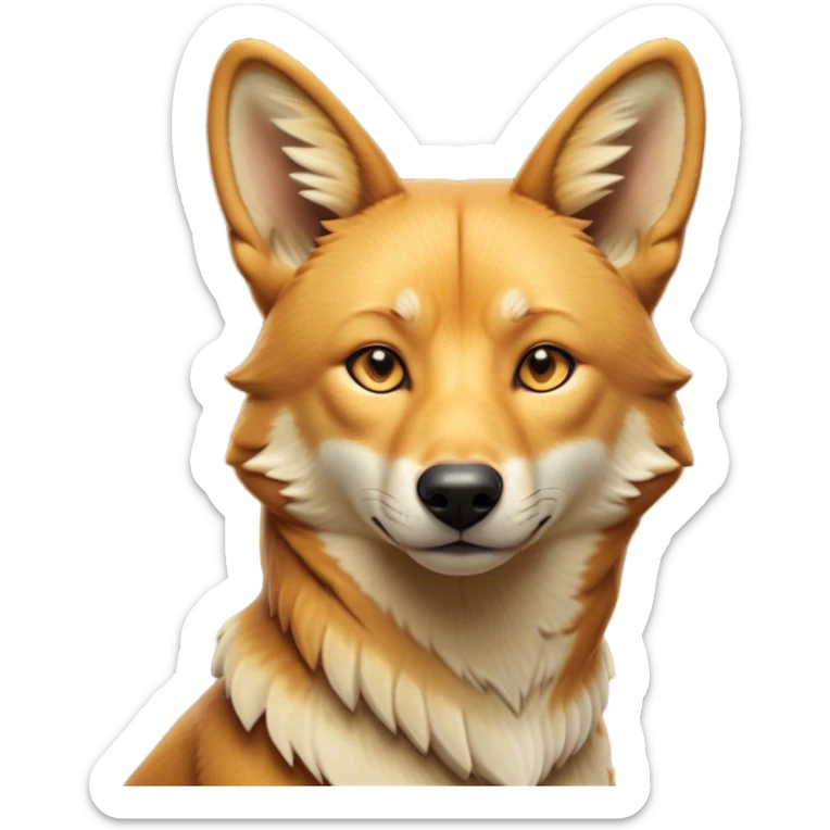 Cinematic Noble Dingo Portrait Emoji, Poised and regal, with a lean, agile build and a short, sandy-tawny fur that speaks of the wild outback, deep-set soulful amber eyes and alert ears, Simplified yet sharp and sophisticated features, highly detailed, glowing with a soft, dignified glow, high shine, intelligent and resourceful, stylized with an air of untamed elegance, focused and attentive, soft glowing outline, capturing the essence of a watchful and confident wild canine, so majestic it feels as though it could trot out of the screen with effortless authority! sticker
