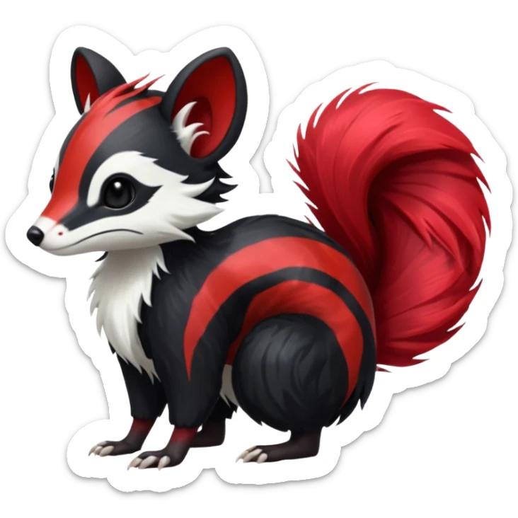 Feral Rare Fantasy shiny soft fuzzy furry vibrant tropical obsidian-black and crimson-red Vernid-Trico-species-creature by LiLaiRa, random markings, tufted tail, tufted ears, full body with markings with white skunk-tail-stripes sticker