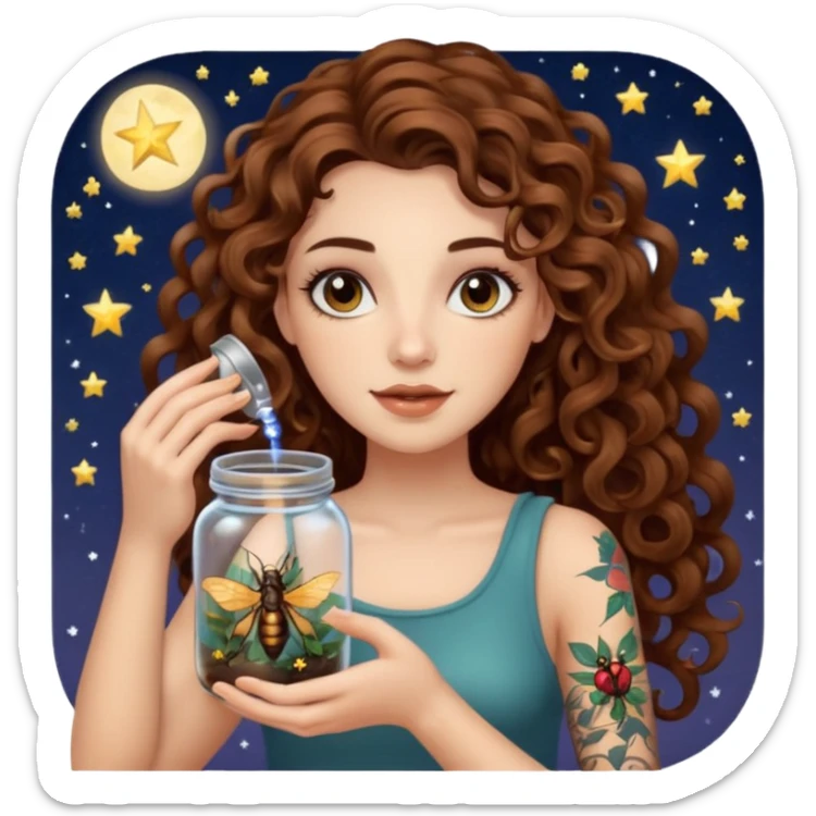woman with long curly brown hair, brown eyes, white skin, tattoos, holding a jar of captured starlight insects sticker